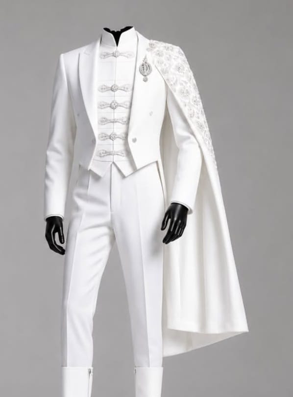 Man 3piece white wedding long Coat 100% cotton fabric with lace